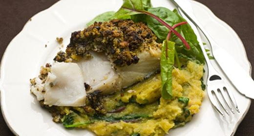 recipe image Bacalhau em crosta de morcela com mash de batata doce