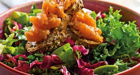 recipe image salada de várias alfaces com tártaro de salmão sobre tosta de centeio