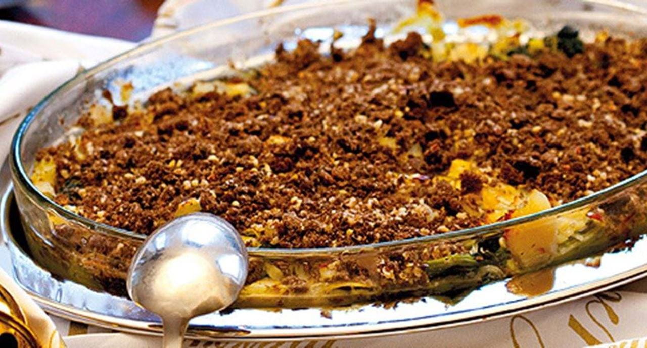 recipe image Bacalhau com grelos em cama de batata doce com crosta de Avintes