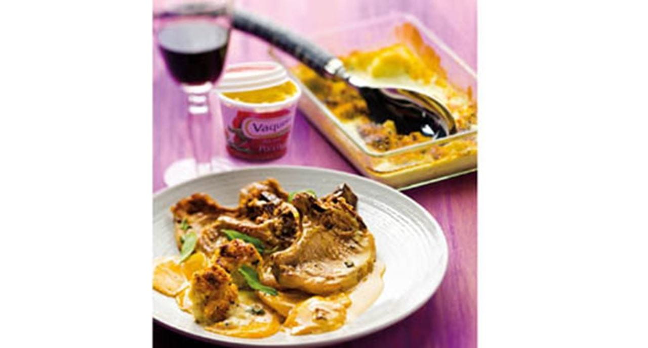 recipe image Costeletas de porco em molho de nata e manga com gratinado de couve-flor