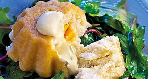 recipe image Pudins de robalo com espinafres vermelhos e maionese de estragão