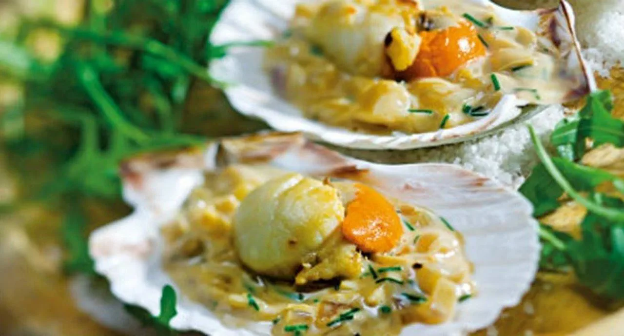 recipe image Vieiras com molho cremoso de vinho branco