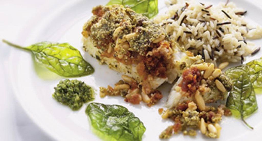 recipe image Lombinho de tamboril assado com farinheira e molho pesto